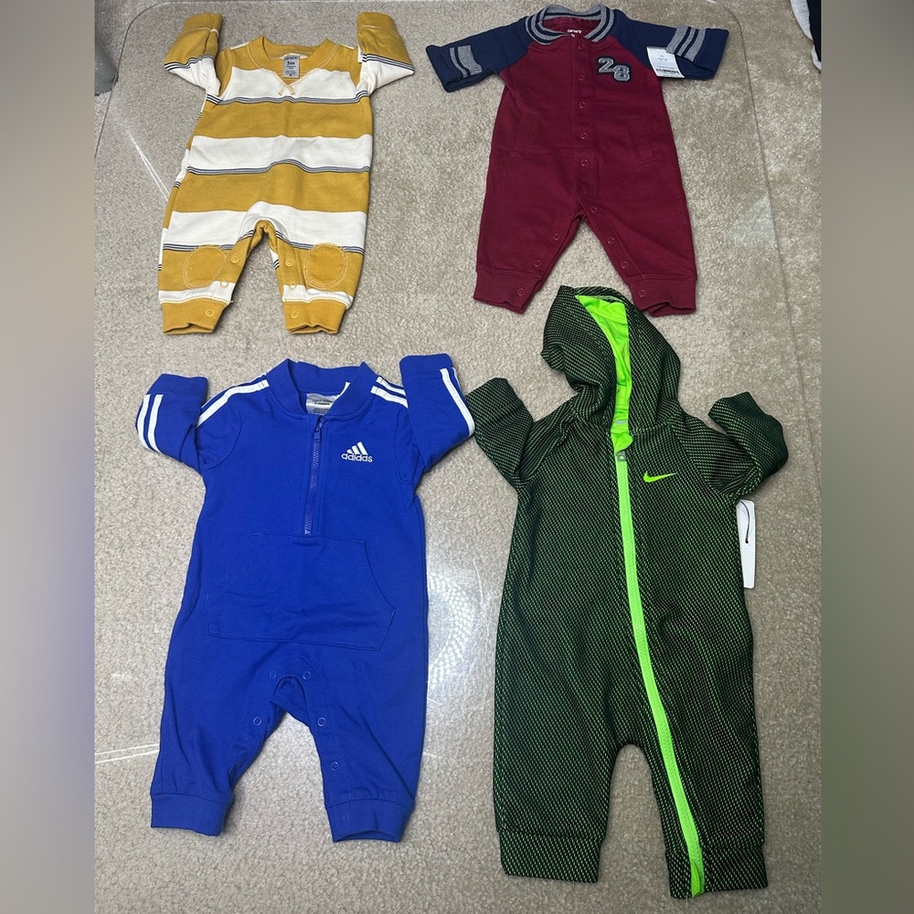 NIKE ADIDAS CARTERS INFANT ROMPERS LOT OF 4 BRAND NEW NEW WITH TAGS